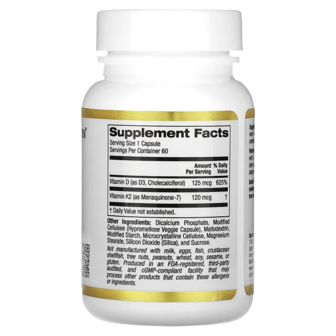 California Gold Nutrition, витамины D3 и К2, 60 растительных капсул