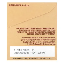 Twinings, чистый травяной чай, чистый красный чай ройбуш, без кофеина, 20 чайных пакетиков, 40 г (1,41 унции)
