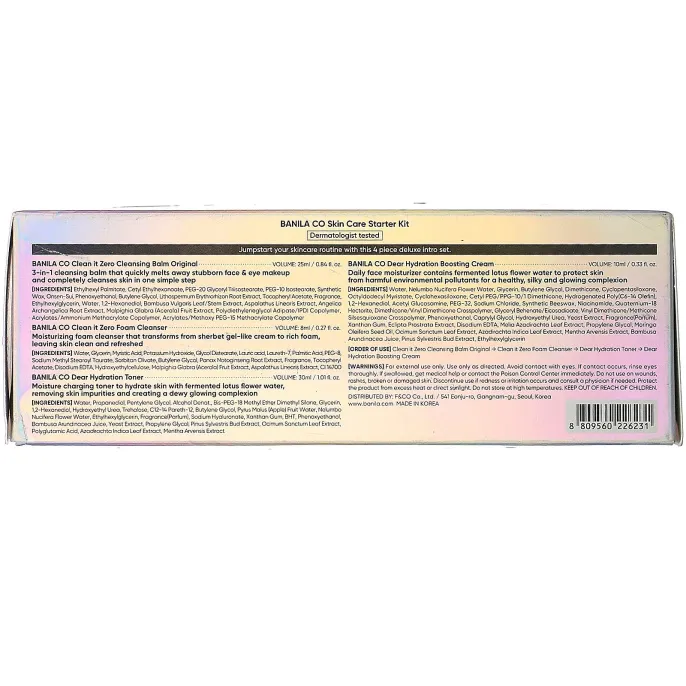 Banila Co., Dear Hydration Skin Care Starter Kit, 4 Piece Kit