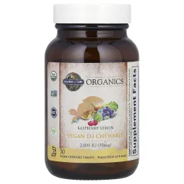 Garden of Life, Веган D3, органические жевательные конфеты, малина-лимон, 2000 МЕ, 30 штук