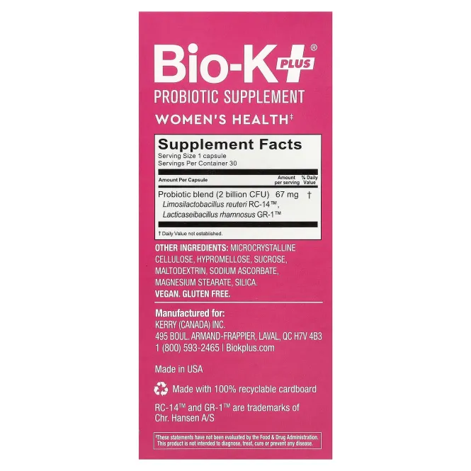 Bio-K+, добавка с пробиотиком, для женского здоровья, 30 капсул