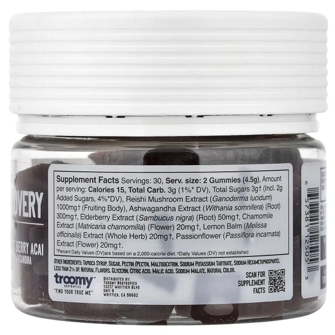 Troomy Nootropics, Recovery, Functional Mushrooms Gummies, Harvest Berry Acai, 60 Gummies, 9.52 oz (270 g)