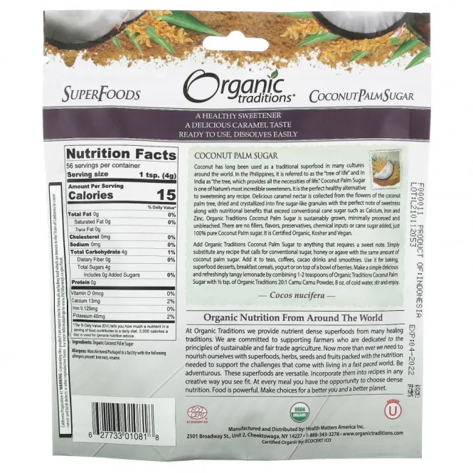 Organic Traditions, Сахар с кокосовой пальмой, 227 г (8 унций)