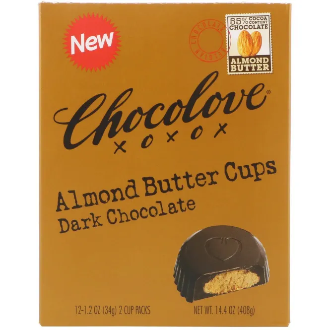 Chocolove, Чашечки с миндалевым маслом, темный шоколад, 12 упаковок по 2 чашечки, 1,2 унции (34 г) каждая