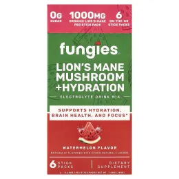 Fungies, ежовик гребенчатый, гриб, гидратация, смесь для приготовления электролитического напитка, арбуз, 6 пакетиков по 8 г (0,28 унции)