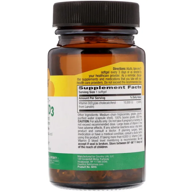 Country Life, Витамин D3, высокоэффективный, 10000 МЕ, 60 таблеток