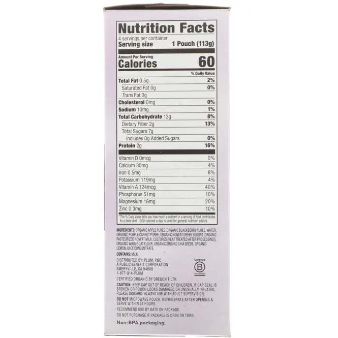 Plum Organics, Питательная смесь Mighty 4 для малышей, из 4 групп продуктов: яблоко-ежевика, фиолетовая морковь, греческий йогурт, овес и лебеда, 4 пакетика по 4 унции (113 г)