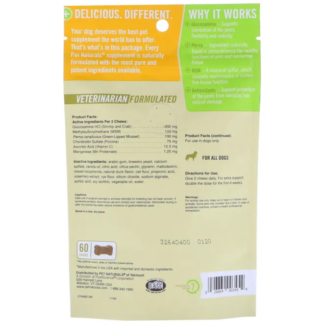 Pet Naturals of Vermont, "Бедра и суставы", лечебный корм для собак, 60 жевательных кусочков, 3,17 унции (90 г)