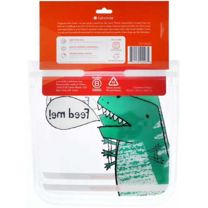 Full Circle, ZipTuck, многоразовые пакеты для бутербродов, динозавр, 2 пакета