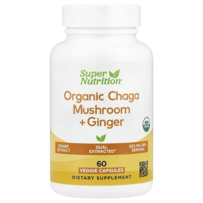 Super Nutrition, органический гриб чага с имбирём, 60 вегетарианских капсул