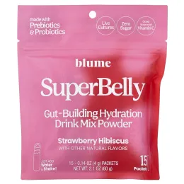 Blume, SuperBely, смесь для приготовления гидратации кишечника в порошке, клубника и гибискус, 15 пакетиков по 4 г (0,14 унции)