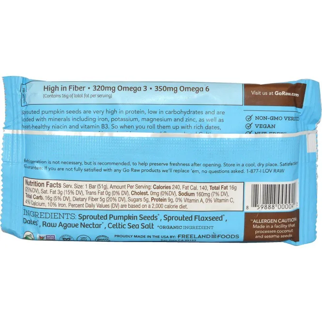 Go Raw, Organic Go Raw, плитка с проросшими семенами тыквы, 1,8 унции (51 г)