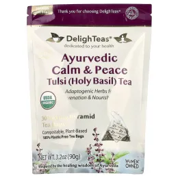 DelighTeas, Аюрведический чай с базиликом (Tulsi), без кофеина, 30 роскошных чайных пакетиков «Пирамида», 90 г (3,2 унции)