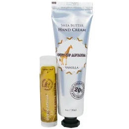 Out of Africa, Средства для кожи с маслом Ши, Крем для рук и гигиеническая помада, Тропическая ваниль, набор из 2 средств