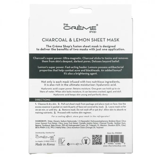 The Creme Shop, Fusion Beauty, тканевая маска, древесный уголь и лимонад, 5 шт., 125 г (4,40 унции)