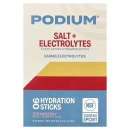 Podium Nutrition, соль и электролиты, стики для гидратации, клубника, 6 стиков по 5,4 г (0,19 унции)