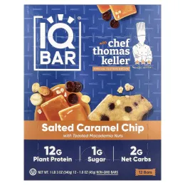 IQBAR, растительный протеиновый батончик, кусочки соленой карамели с обжаренными орехами макадамия, 12 батончиков по 45 г (1,6 унции)