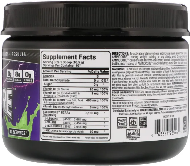 ALLMAX Nutrition, AMINOCORE, BCAA, 8G BCAAs, 100% Pure 45:30:25 Ratio, Gluten Free, Key Lime Cherry, 3.70 oz (105 g)