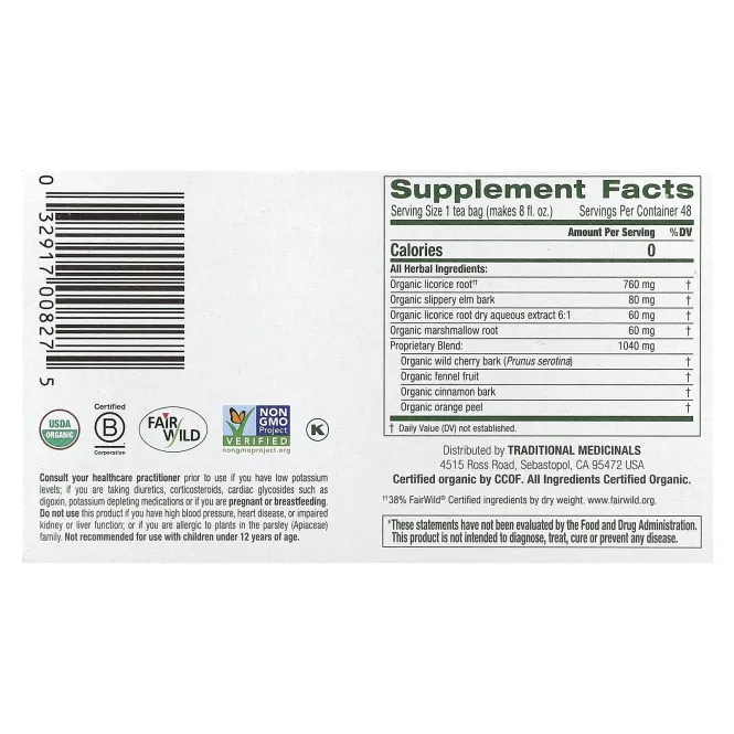 Traditional Medicinals, Organic Throat Coat®, Original со скользким вязом, без кофеина, 48 чайных пакетиков в упаковке, 96 г (3,38 унции)