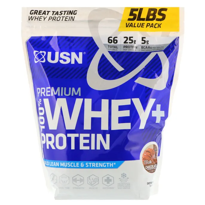 USN, 100% высококачественный сывороточный белок + белок, шоколад, 2,27 кг