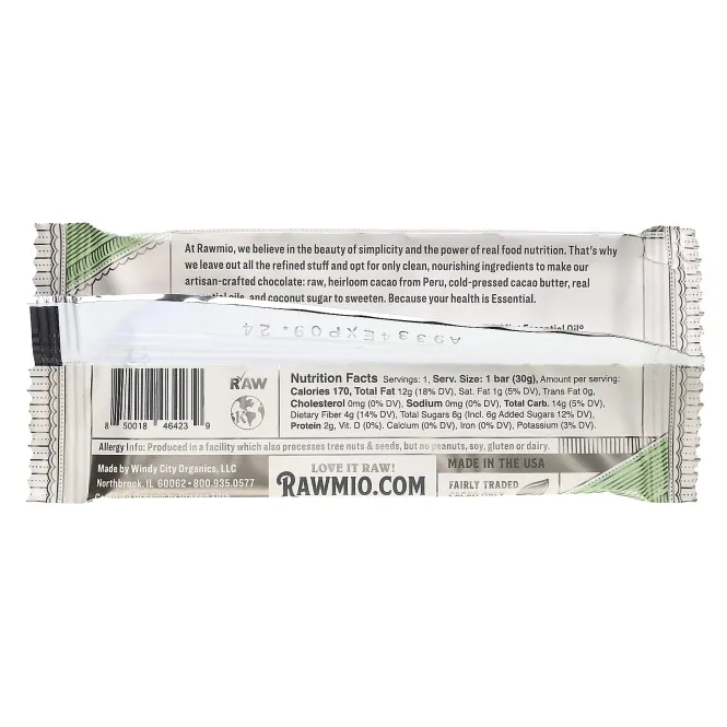 Rawmio, Essential Bar, органический необработанный шоколад, 70% какао, перечная мята, 30 г (1,1 унции)