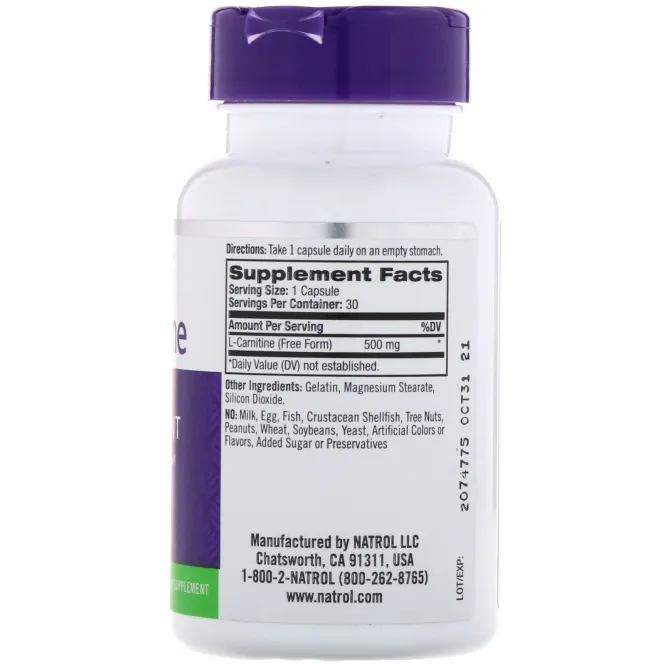 Natrol, L-карнитин, 500 мг, 30 капсул