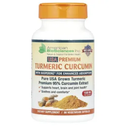 American Biosciences, USA Premium Turmeric Curcumin, 1,500 mg, 90 Vegetarian Capsules (500 mg per Capsule)