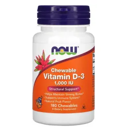 Now Foods, Жевательный витамин D3, натуральный фруктовый вкус, 1000 МЕ, 180 жевательных таблеток