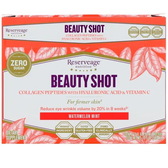 ReserveAge Nutrition, Beauty Shot, пептиды коллагена с гиалуроновой кислотой и витамином С, арбуз и мята, 6 бутылочек, 3 ж. унц. (90 мл) каждая
