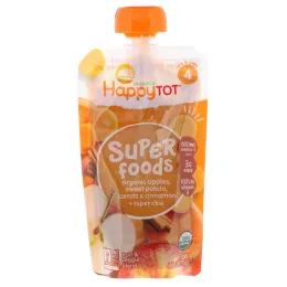 Happy Family Organics, Суперпродукт из серии "Счастливый карапуз", органическая фруктово-овощная смесь c органическим яблоком, бататом, морковью и корицей с добавлением супер-семян чиа, 4 пакета по 4,22 унции (120 г)