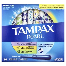 Tampax, Pearl тампоны, тройная упаковка, легкий / обычный / супер, без запаха, 34 тампона