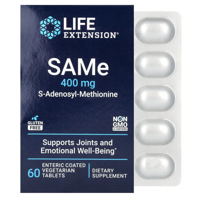 Life Extension, SAMe, S-аденозилметионин, 400 мг, 60 вегетарианских таблеток, покрытых кишечнорастворимой оболочкой