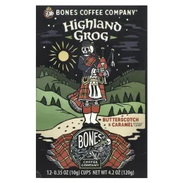 Bones Coffee Company, Highland Grog, кофейные чашки, ириска и карамель, 12 чашек по 10 г (0,35 унции)