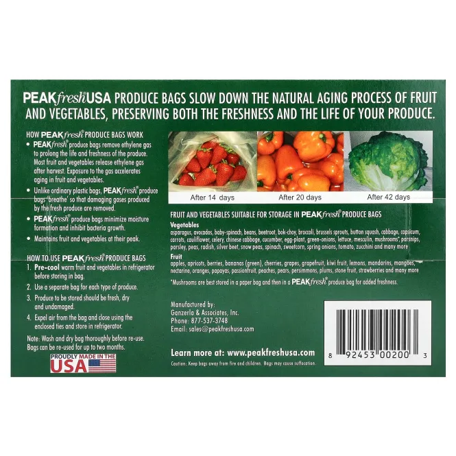 PEAKfresh USA, Многоразовые пакеты для хранения продуктов, 10 - 12 x 16 дюймов, с проволочным креплением