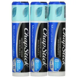 Chapstick, 2-In-1 Lip Care Skin Protectant, SPF 15, Cool Mint, 3 Sticks, 0.15 oz (4 g) Each