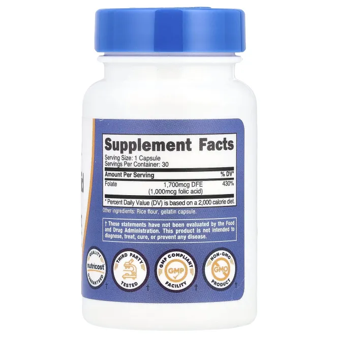 Nutricost, Фолиевая кислота, 1000 мкг, 30 капсул