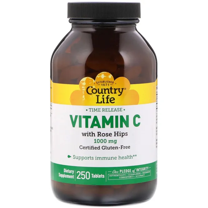 Country Life, Витамин C, с шиповником, 1000 мг, 250 таблеток