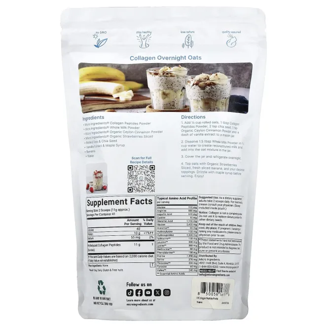 Micro Ingredients, пептиды коллагена, без вкусовых добавок, 454 г (454 фунта)
