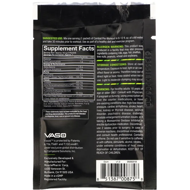 MusclePharm, Combat Предтренировочная формула, Голубая малина, 0,33 унц. (9,3 г) пробная расфасовка