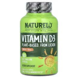 NATURELO, витамин D3, на растительной основе, 125 мкг, 5000 МЕ, 180 капсул, которые легко глотать