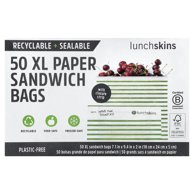 Lunchskins, бумажные пакеты для сэндвичей, размер XL, с полоской для закрывания, 50 шт.