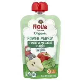 Holle, Органическое фруктовое и овощное пюре, Power Parrot, от 6 месяцев, груша и яблоко со шпинатом, 100 г (3,5 унции)
