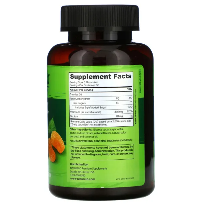 NATURELO, Vitamin C Gummies, Orange Flavor, 90 Vegan Gummies