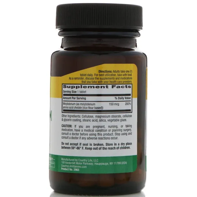 Country Life, Молибден, хелатный, 150 мкг, 100 таблеток