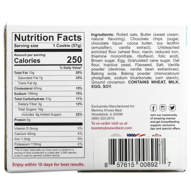 Mommy Knows Best, Lactation Cookies, печенье с овсяно-шоколадной крошкой, 10 шт., 57 г (2 унции) каждое