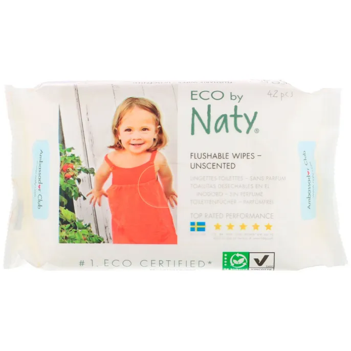 Naty, Салфетки пригодные для смывания в унитаз, без запаха, 42 салфетки
