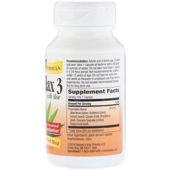 Nature's Way, Пищевая добавка Nurturalax 3, с алоэ, 100 капсул